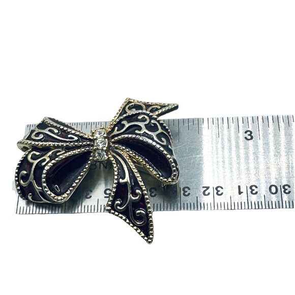 Vintage Monet Figural Bow Enamel & Rhinestone Brooch Deep Burgundy Wine Red Pin - Picture 4 of 5